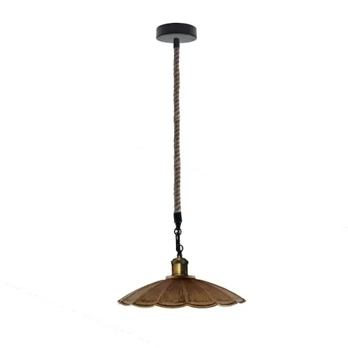 Scalloped metal shade farmhouse ceiling light with natural jute rope cord hanging against a white background