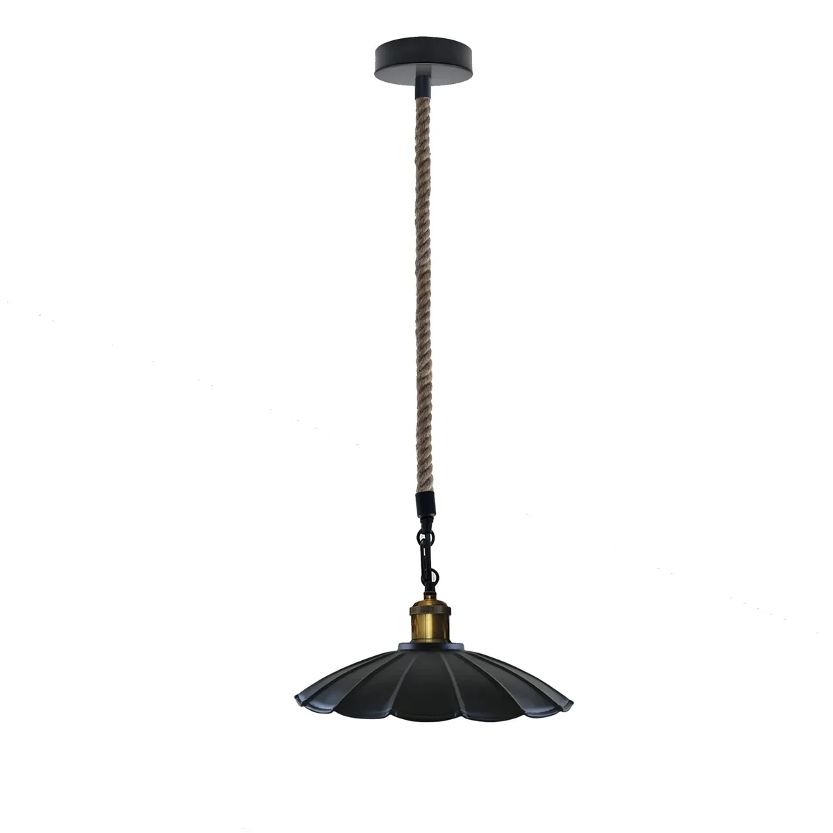 Scalloped metal shade pendant light with natural jute rope pendant cord hanging against white background