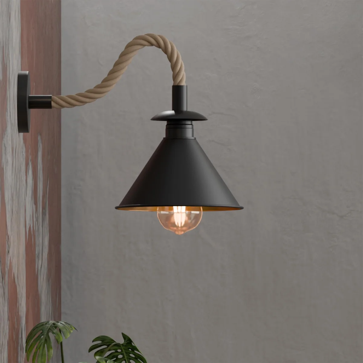 Vintage hemp rope wall light with twisted black rope cable and inner gold metal shade, compatible with E27 bulbs