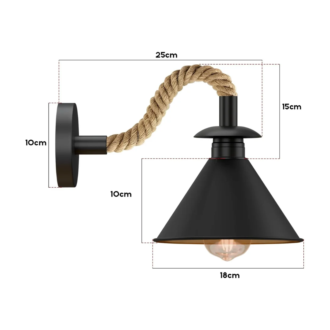 Vintage black wall sconce light with twisted hemp rope cable and inner gold E27 socket, ideal for rustic interiors