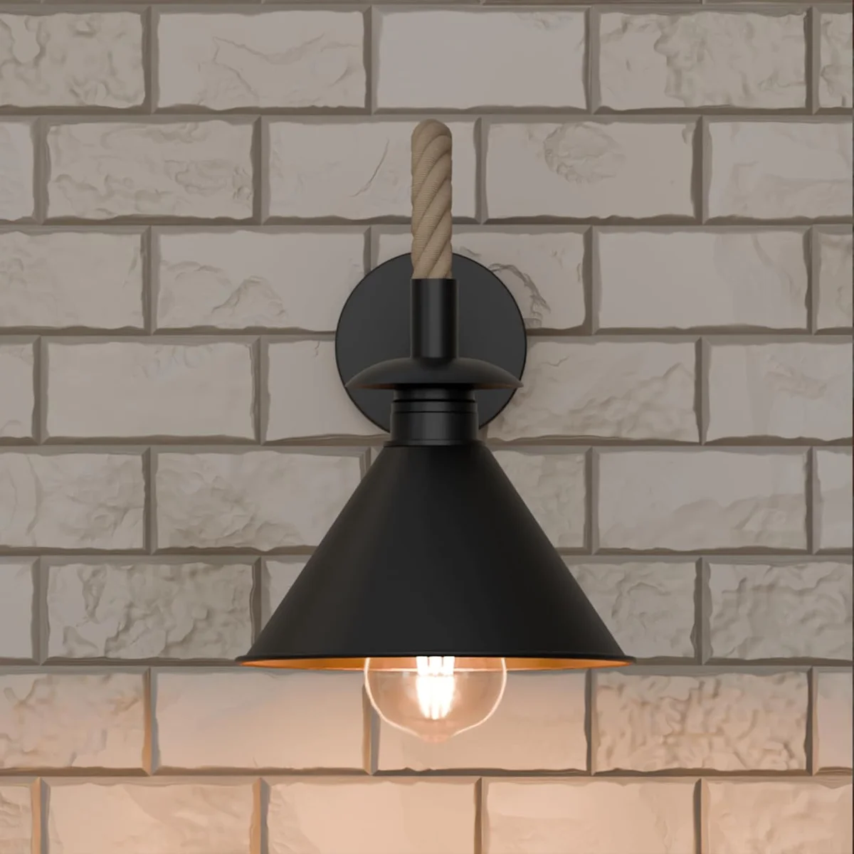 Vintage black hemp rope wall light with inner gold metal socket, compatible with E27 bulb wall lamp, mounted on white wall