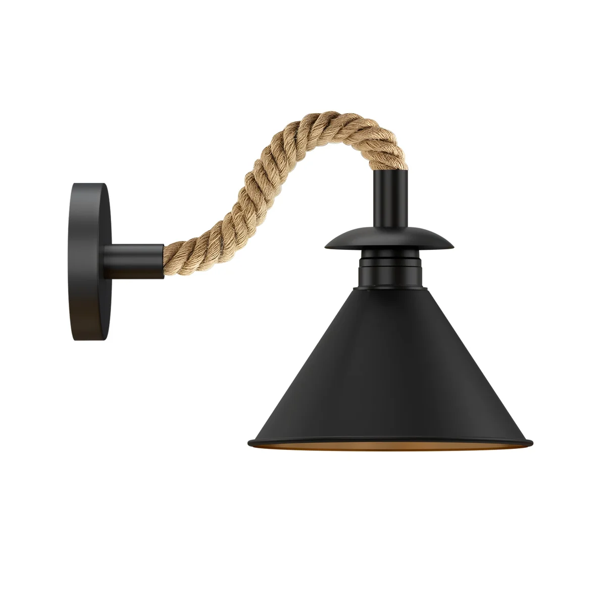 Dimmable vintage wall light with black hemp rope twisted cable and inner gold E27 socket mounted on a white wall