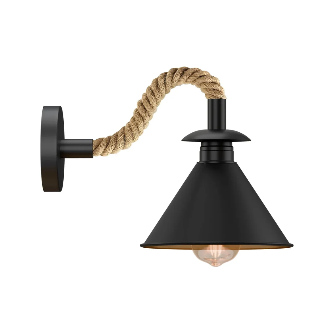 Vintage black indoor hemp rope lighting wall sconce with twisted rope cable and gold E27 socket mounted on white wall