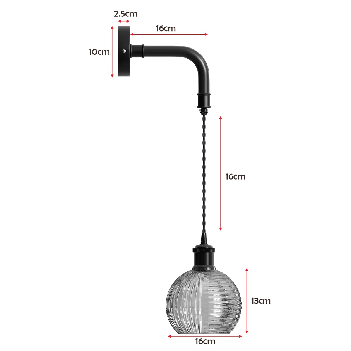 Modern industrial matte black ceiling lamp with ribbed glass globe shade and twisted fabric cord hanging against white background