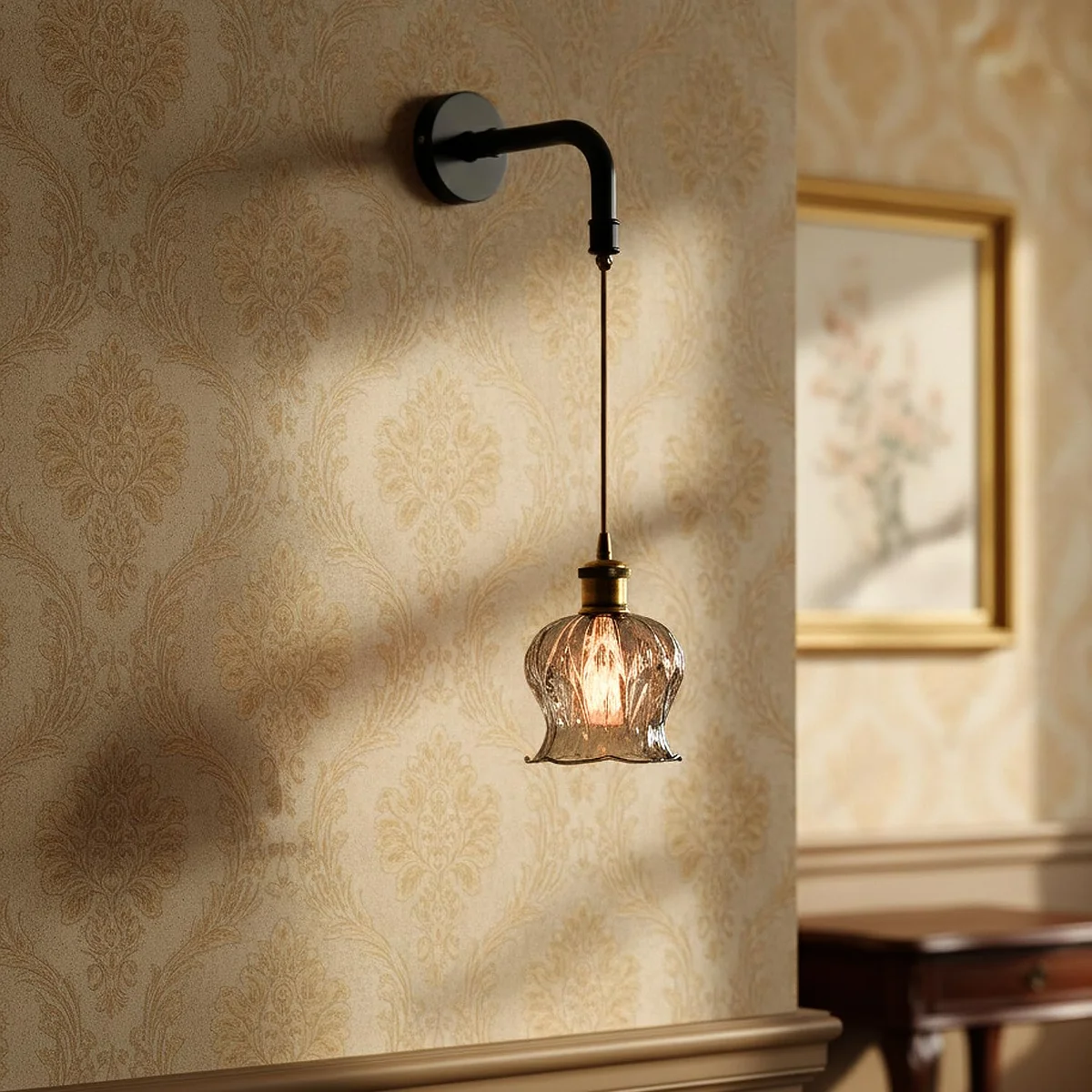 Modern industrial ribbed glass globe E27 socket pendant light with matte black finish and twisted fabric cord hanging from ceiling