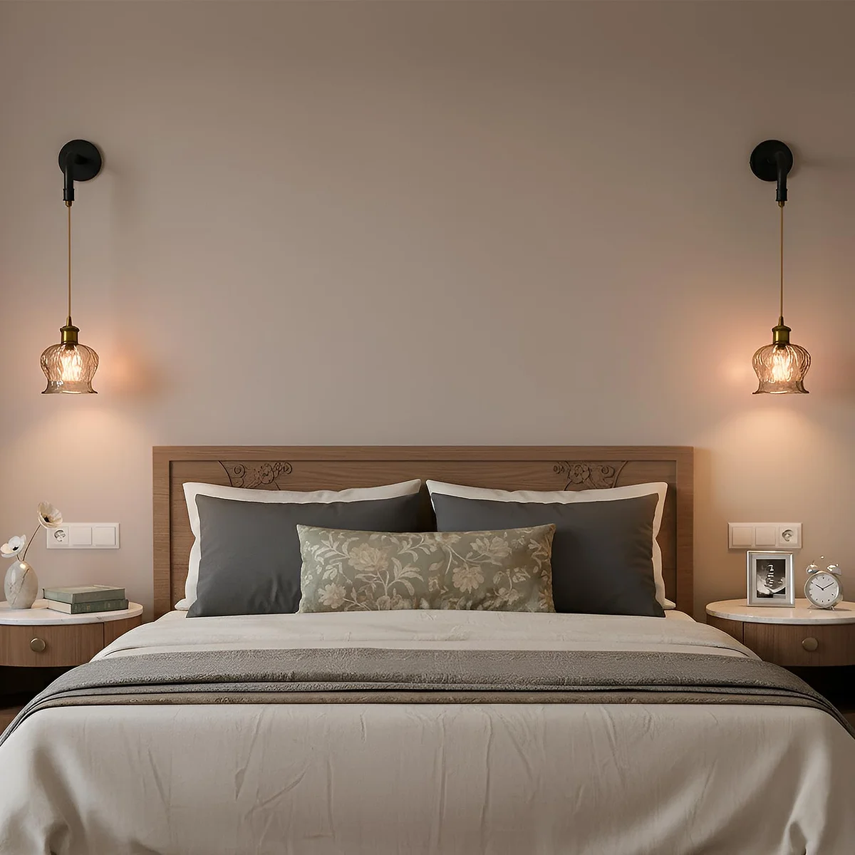 Ribbed glass globe pendant light with matte black metal holder and twisted fabric cord hanging against white background