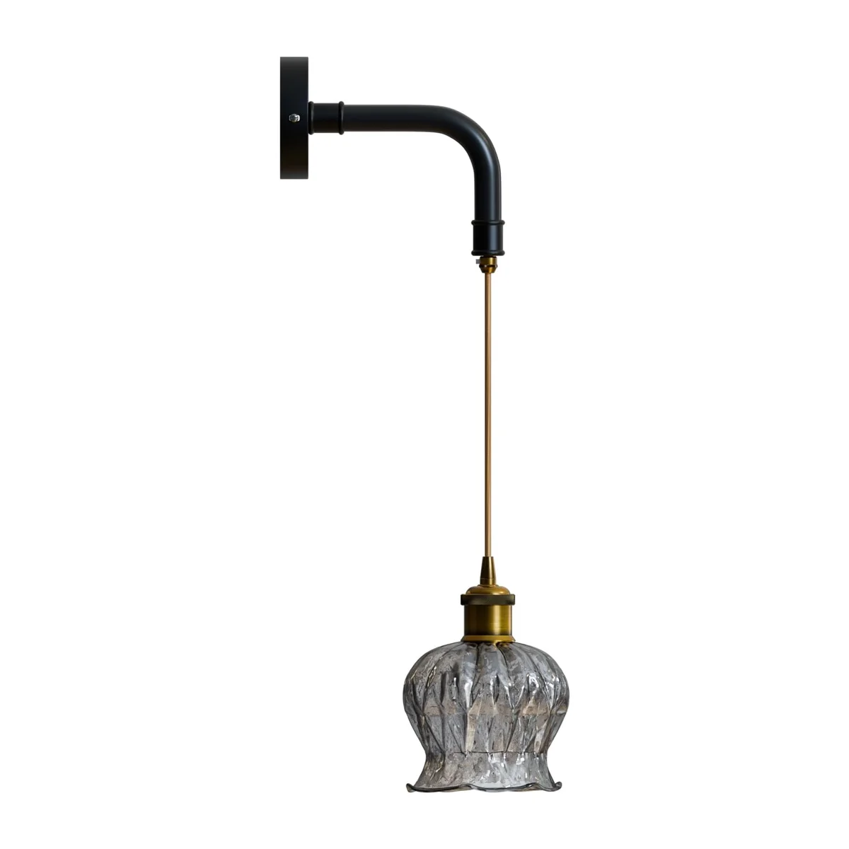 Ribbed glass globe pendant light with matte black metal holder and twisted fabric cord hanging against white background