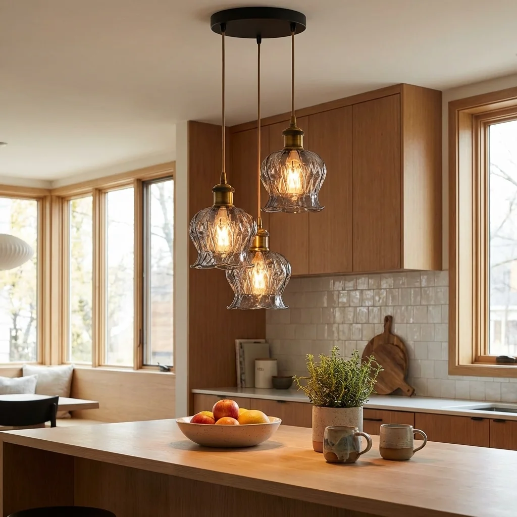 Matte black industrial pendant light with ribbed glass globe shade hanging from twisted fabric cord over kitchen island
