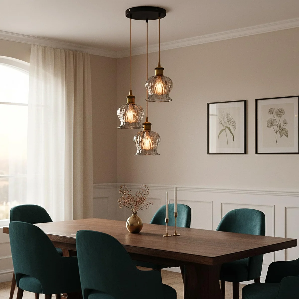 Matte black industrial ribbed glass globe pendant light hanging over kitchen island lighting with adjustable twisted cord