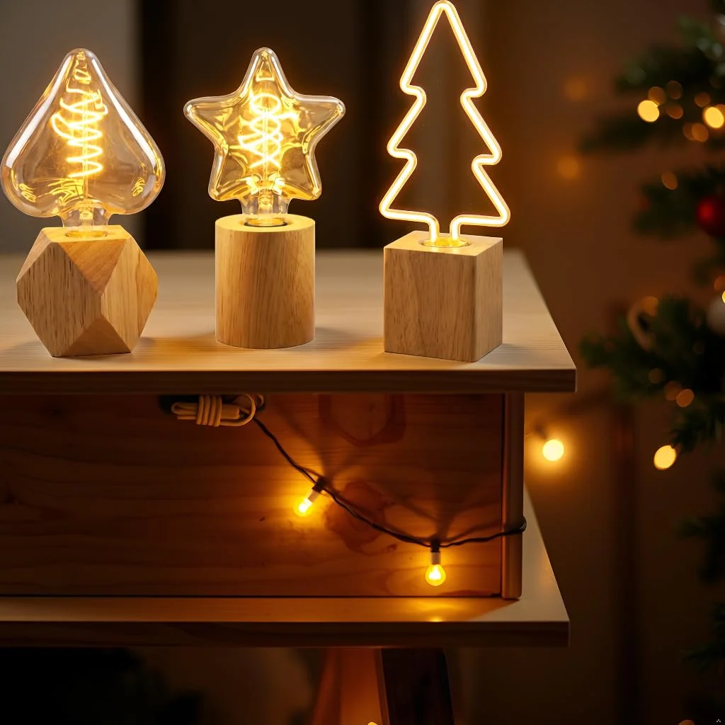 Set of three wood table lamps with natural wooden bases and decorative bulbs for ambient mood lighting on a white surface
