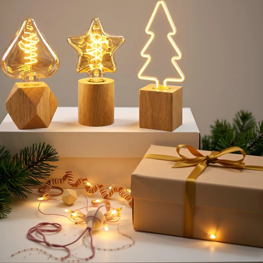 Set of three small table lamps with natural wood bases and decorative bulbs for ambient mood lighting