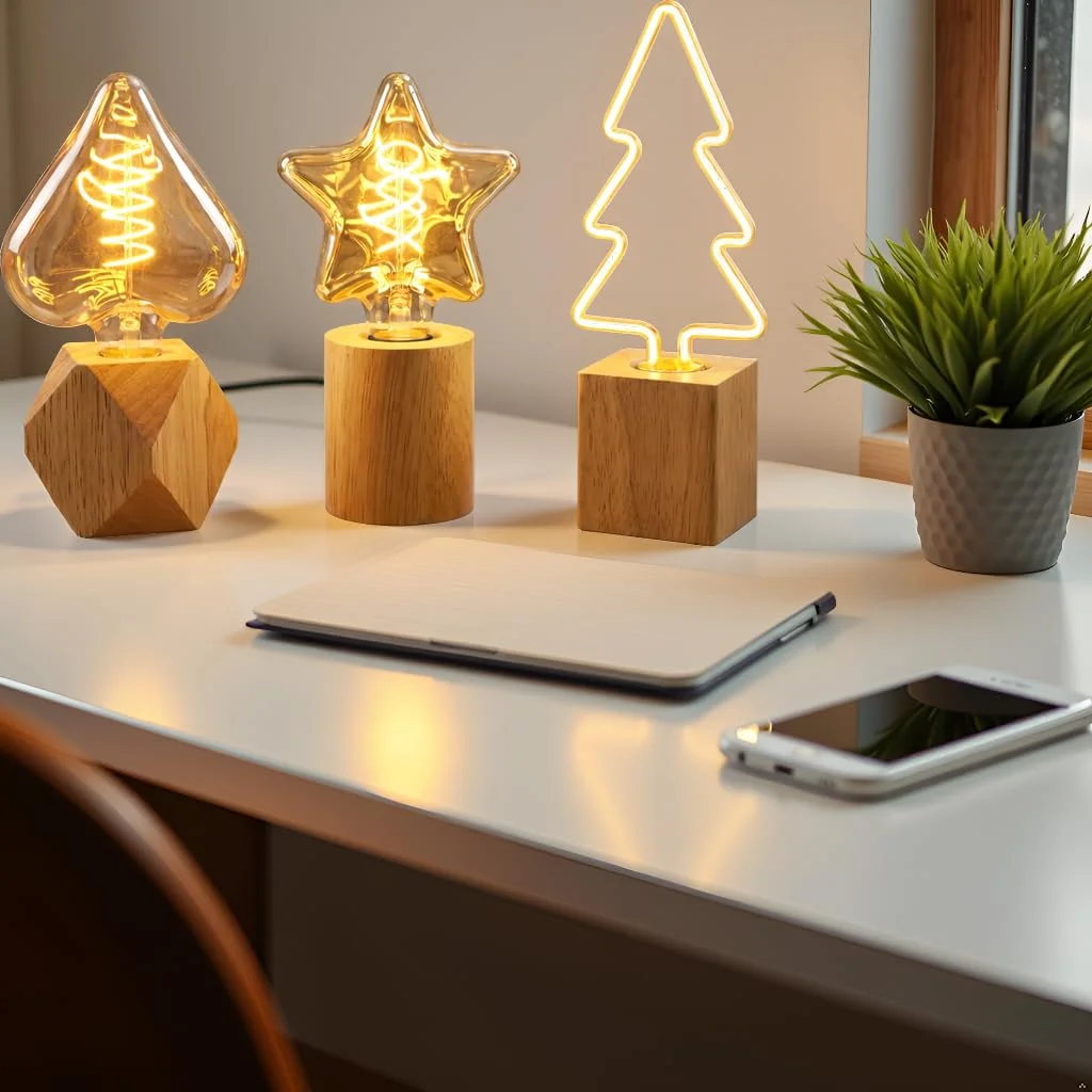 Three small table lamps with natural wood bases and decorative bulbs providing ambient mood lighting on a white surface