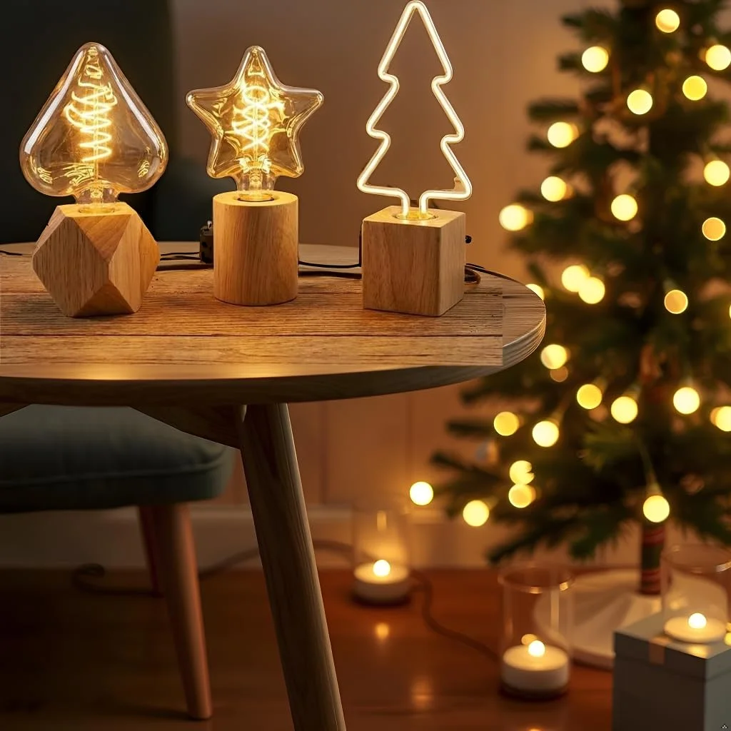 Set of three natural wood lamps with decorative bulbs on wooden bases, ideal for ambient mood lighting and small spaces