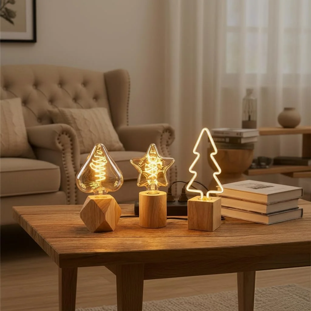 Three small natural wood base table lamps with decorative bulb lamps glowing softly on a wooden surface