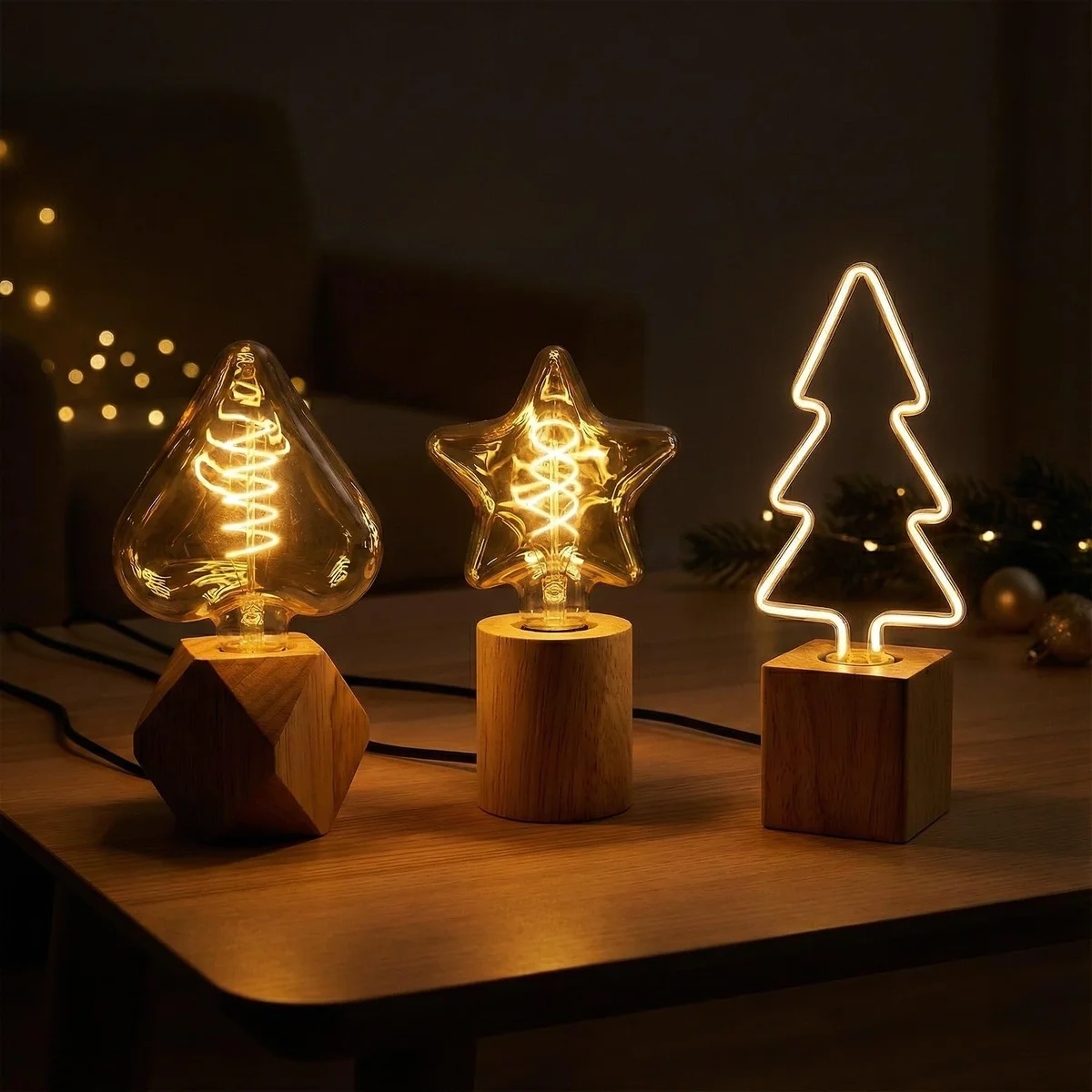 Set of three wood table lamps with natural wooden bases and decorative bulbs emitting warm ambient light