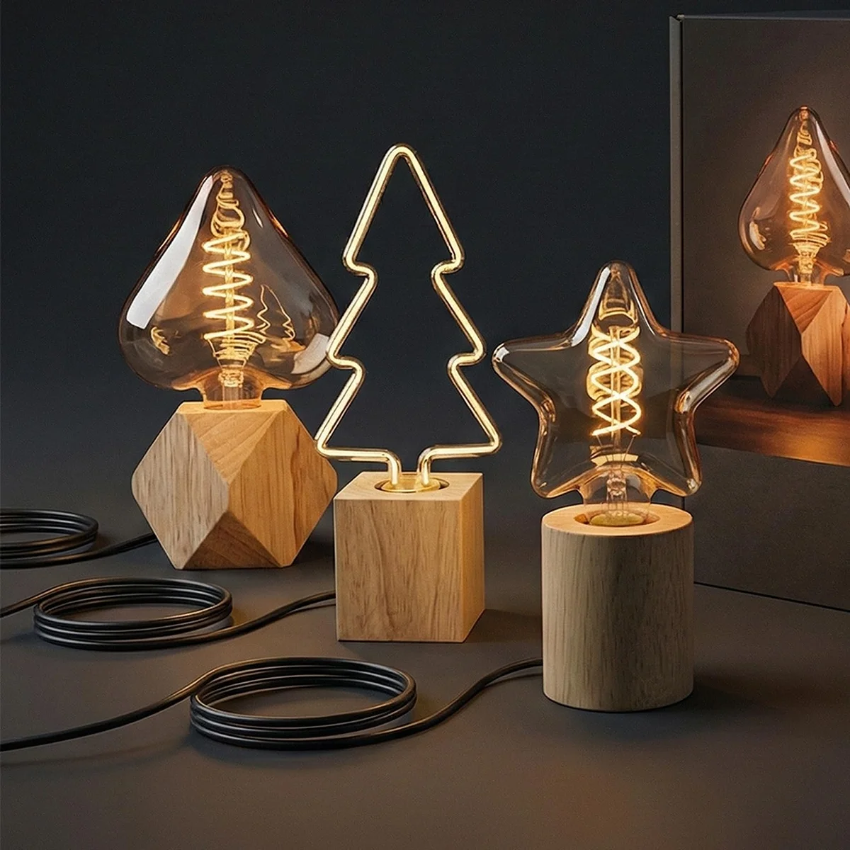 Set of three wood table lamps with natural wooden bases and decorative bulbs for ambient mood lighting on a white background