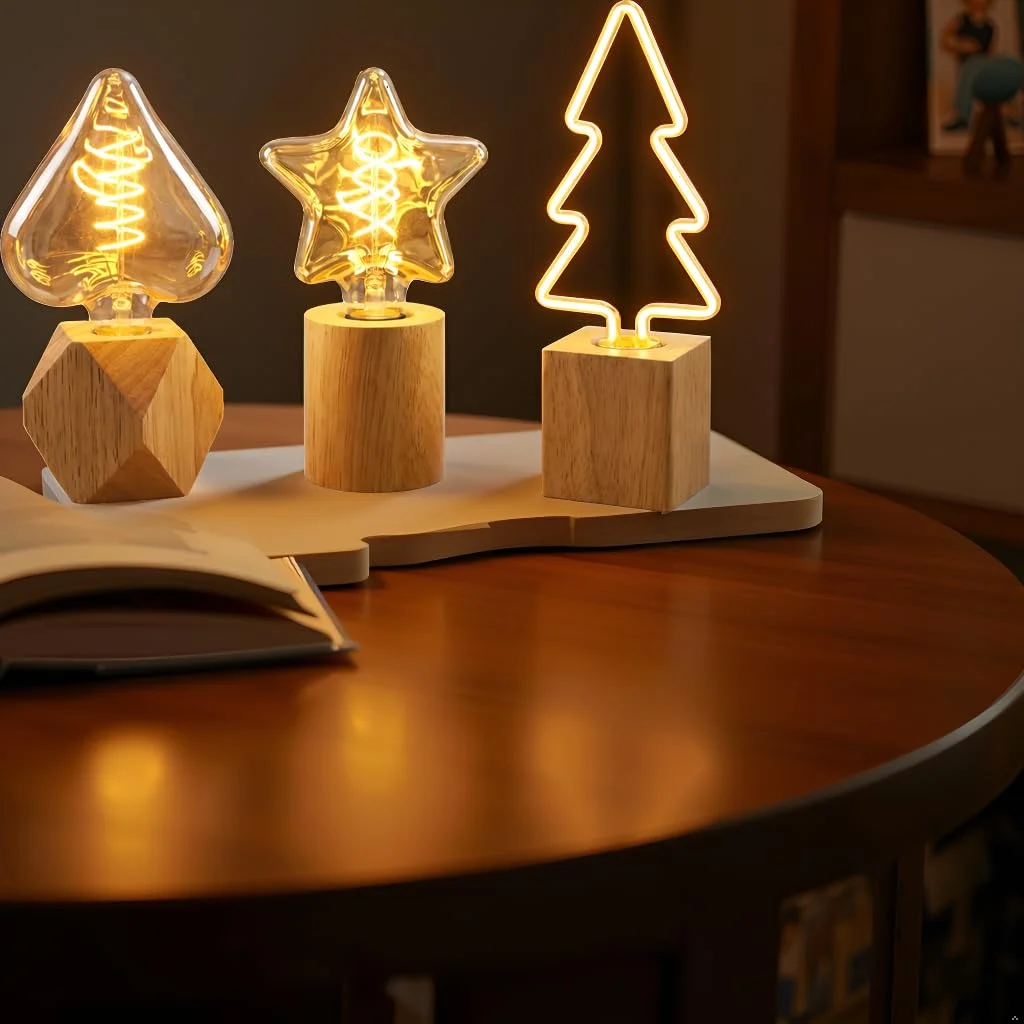 Three small wood table lamps with natural wooden bases and decorative bulbs, ideal for ambient mood lighting on tables