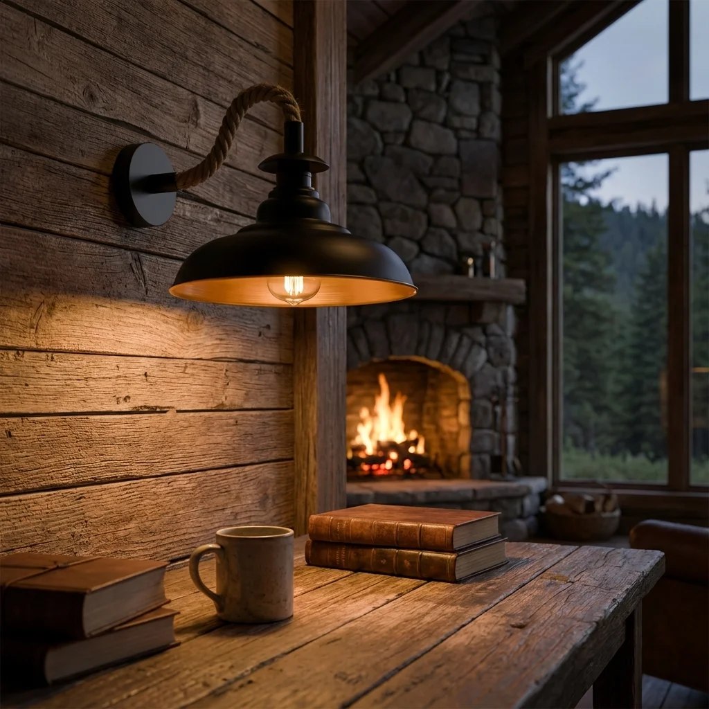 Black hemp rope wall light with twisted natural rope and 32cm curvy metal shade, vintage industrial style wall sconce