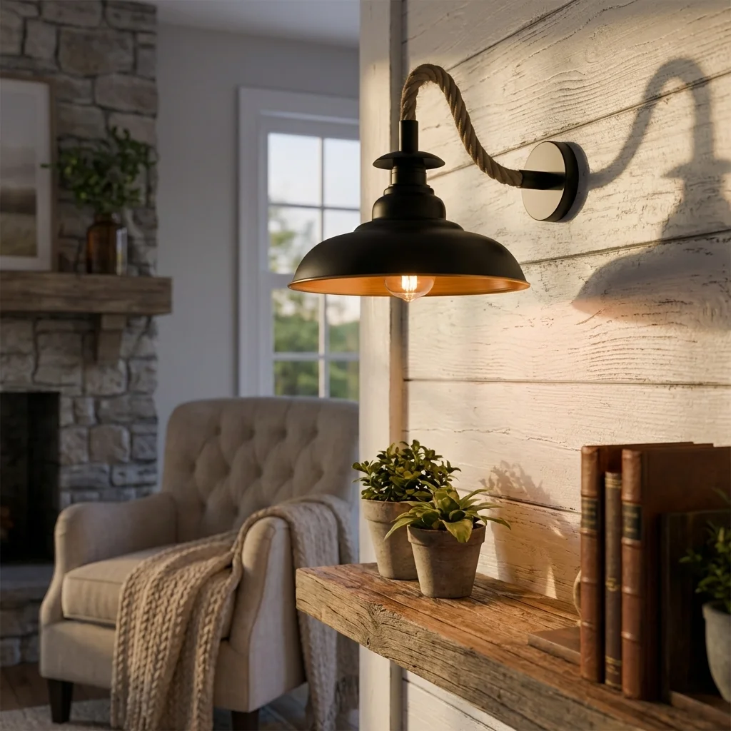 Black industrial wall light with 32cm curvy metal shade and twisted natural hemp rope cable mounted on wall