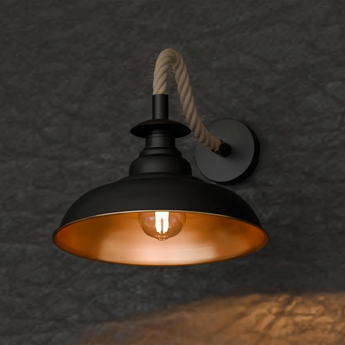 Vintage wall lamp with 32cm curvy black metal shade and twisted natural hemp rope, mounted on a white wall indoors