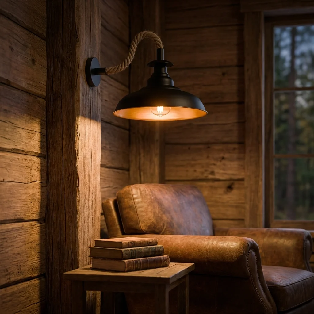 Black industrial curvy shade lamp with twisted natural hemp rope wall mounted in a modern living room setting