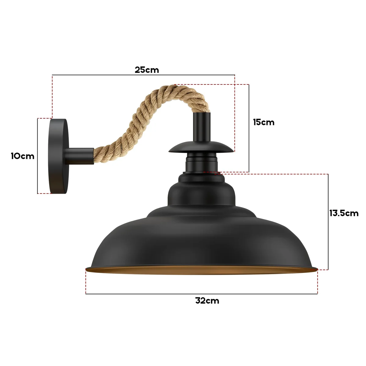 Black hemp rope E27 wall light with curved 32cm black metal shade and gold inner finish mounted on white wall