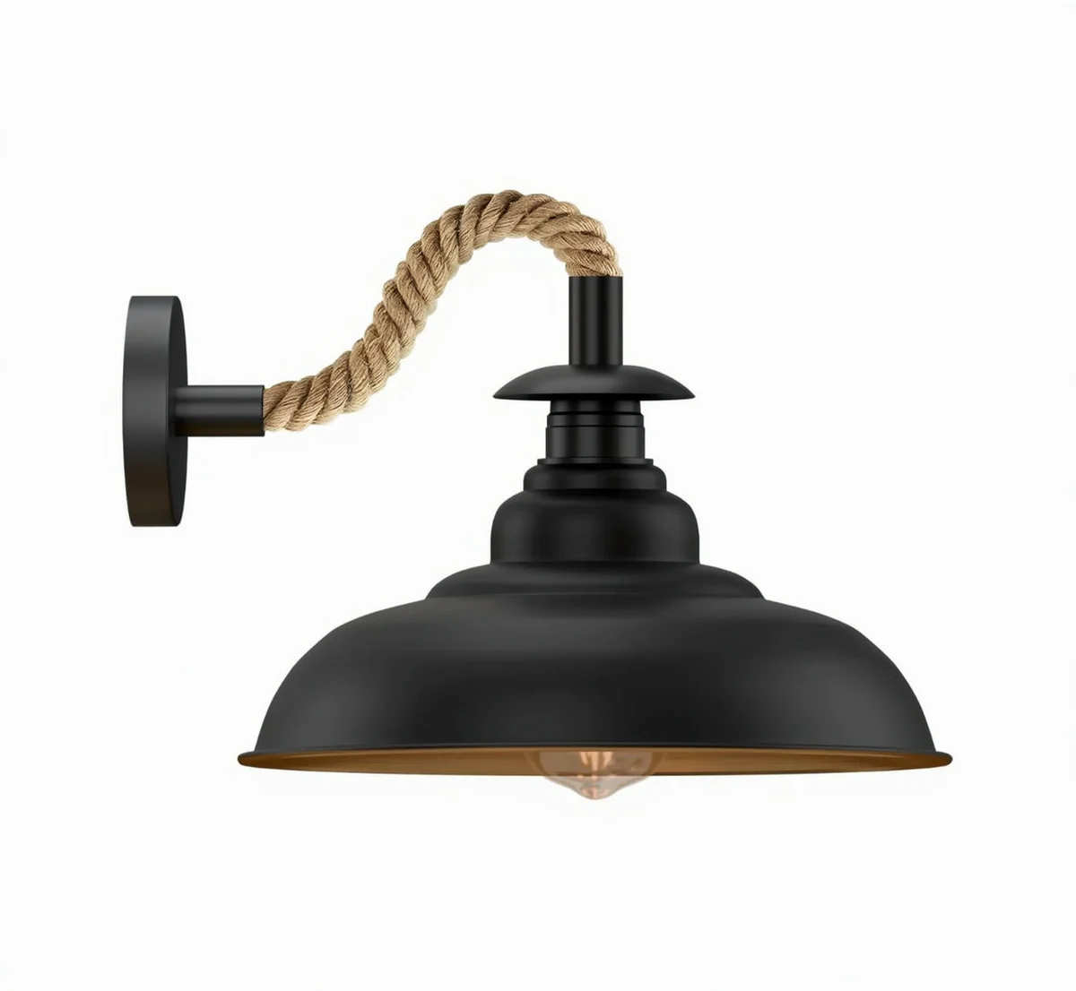 Black metal curvy shade hemp rope wall light with twisted natural hemp cable mounted on white wall