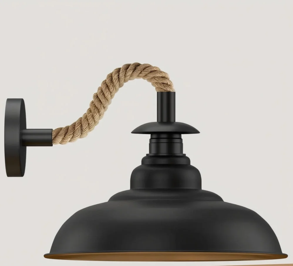 Black hemp rope wall light with 32cm curvy metal shade and twisted natural hemp cable, vintage industrial style