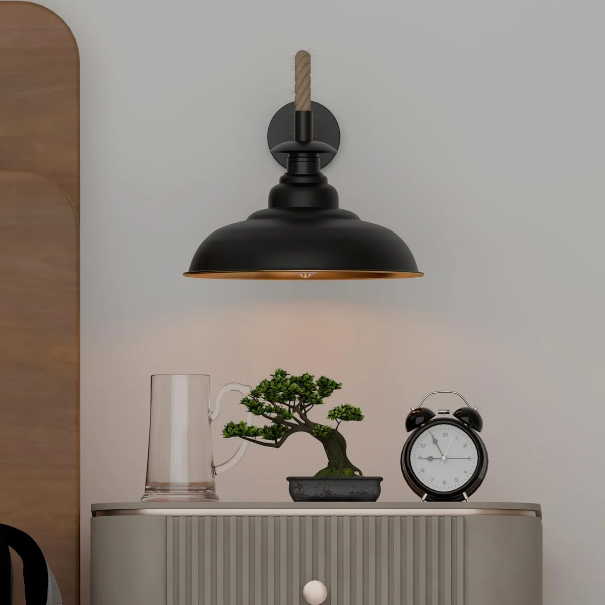 Black hemp rope wall light with twisted natural rope and curvy 32cm metal shade, vintage industrial style mounted on wall