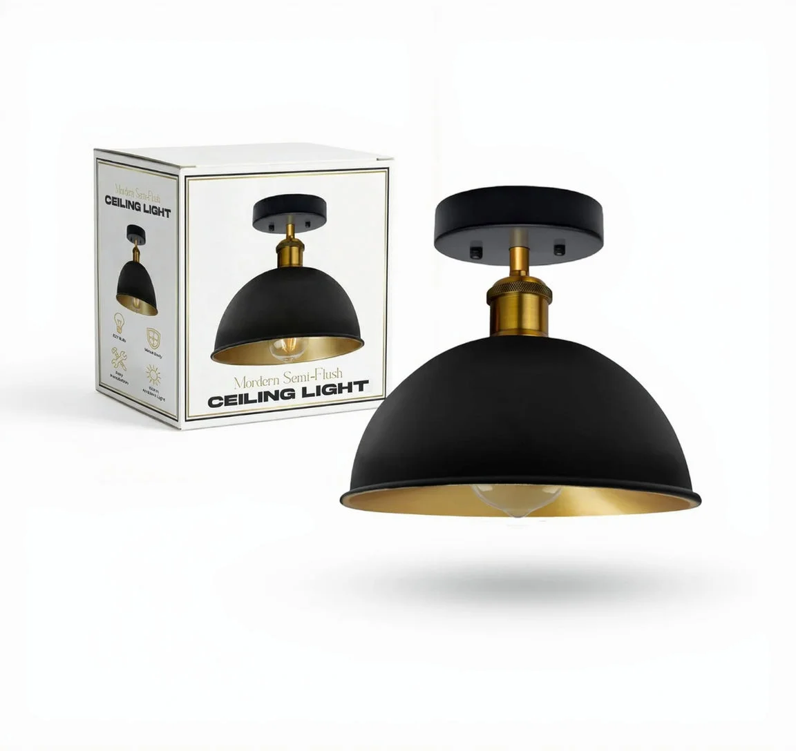 Black and gold dome vintage ceiling light with metallic finish and E27 bulb holder, 21cm wide flush mount design