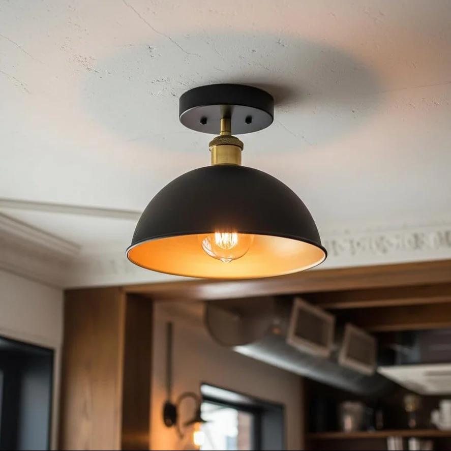 Vintage black and gold ceiling light with 21cm dome shade and metallic finish, ideal for indoor use and vintage decor