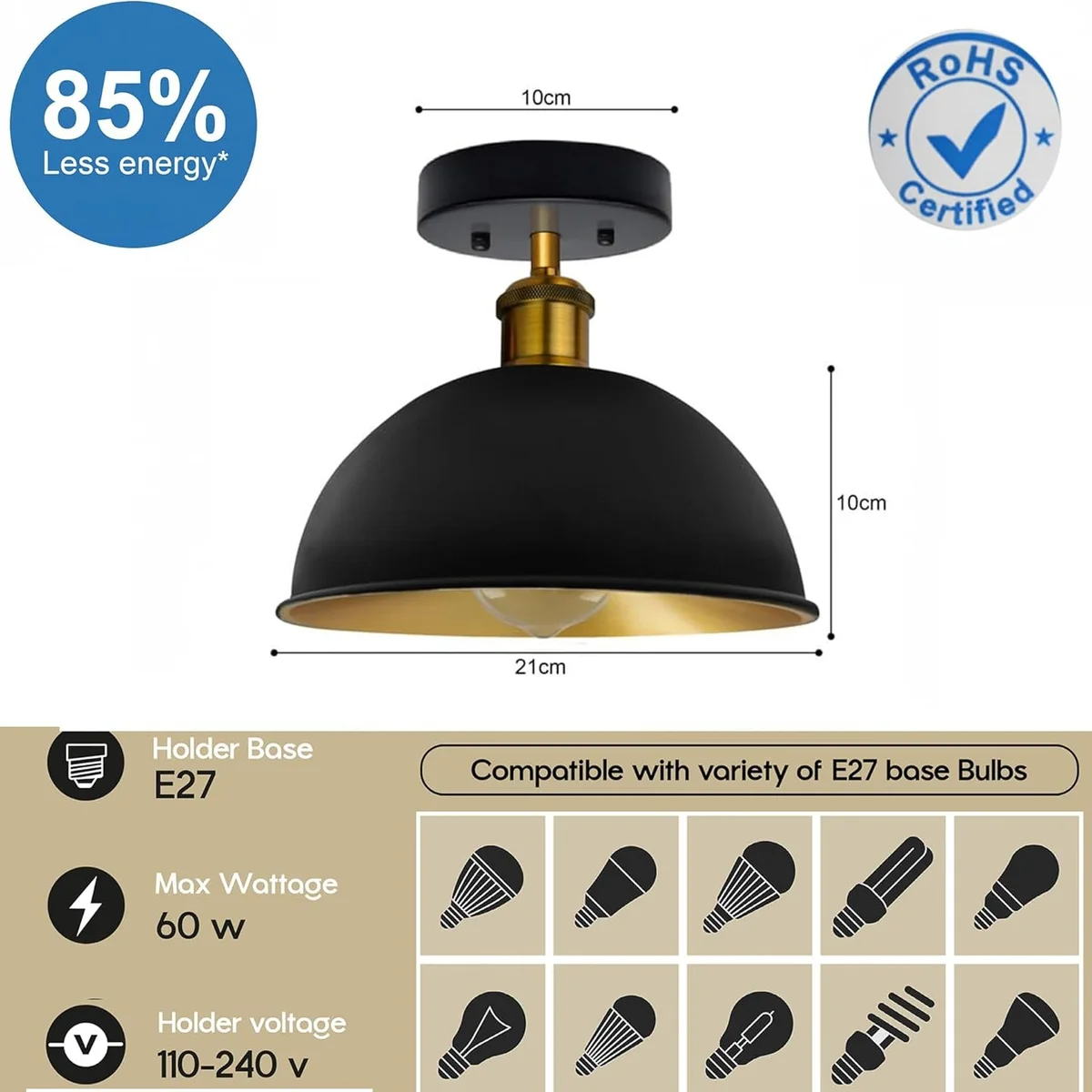 Black and gold dome flush ceiling light with vintage metal shade and 21cm width, shown installed on a white ceiling