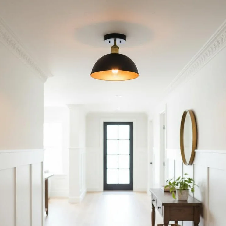 Black and gold dome indoor ceiling light with metallic finish, vintage style, 21cm wide, flush mount design