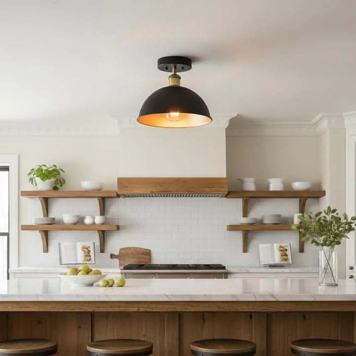 Black and gold vintage metal dome light flush ceiling fixture with E27 bulb holder and dome-shaped shade