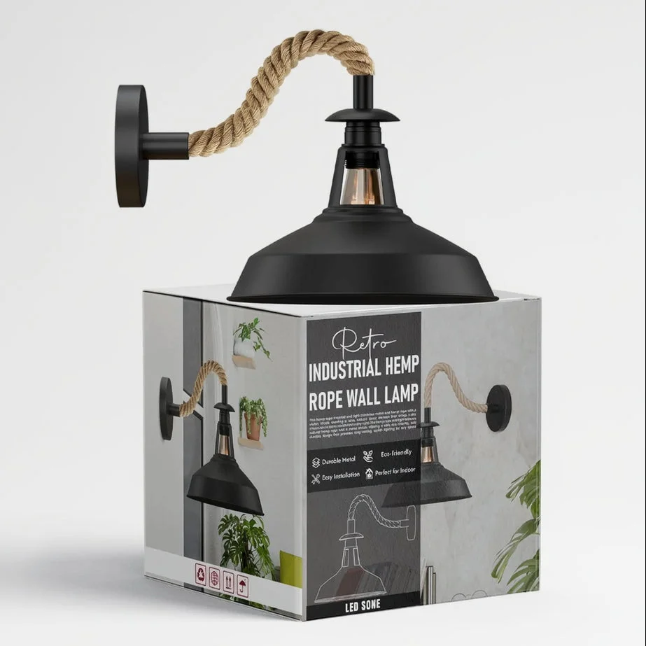 Black industrial rope wall light with twisted hemp rope cable and slotted metal barn shade, 30cm, vintage style