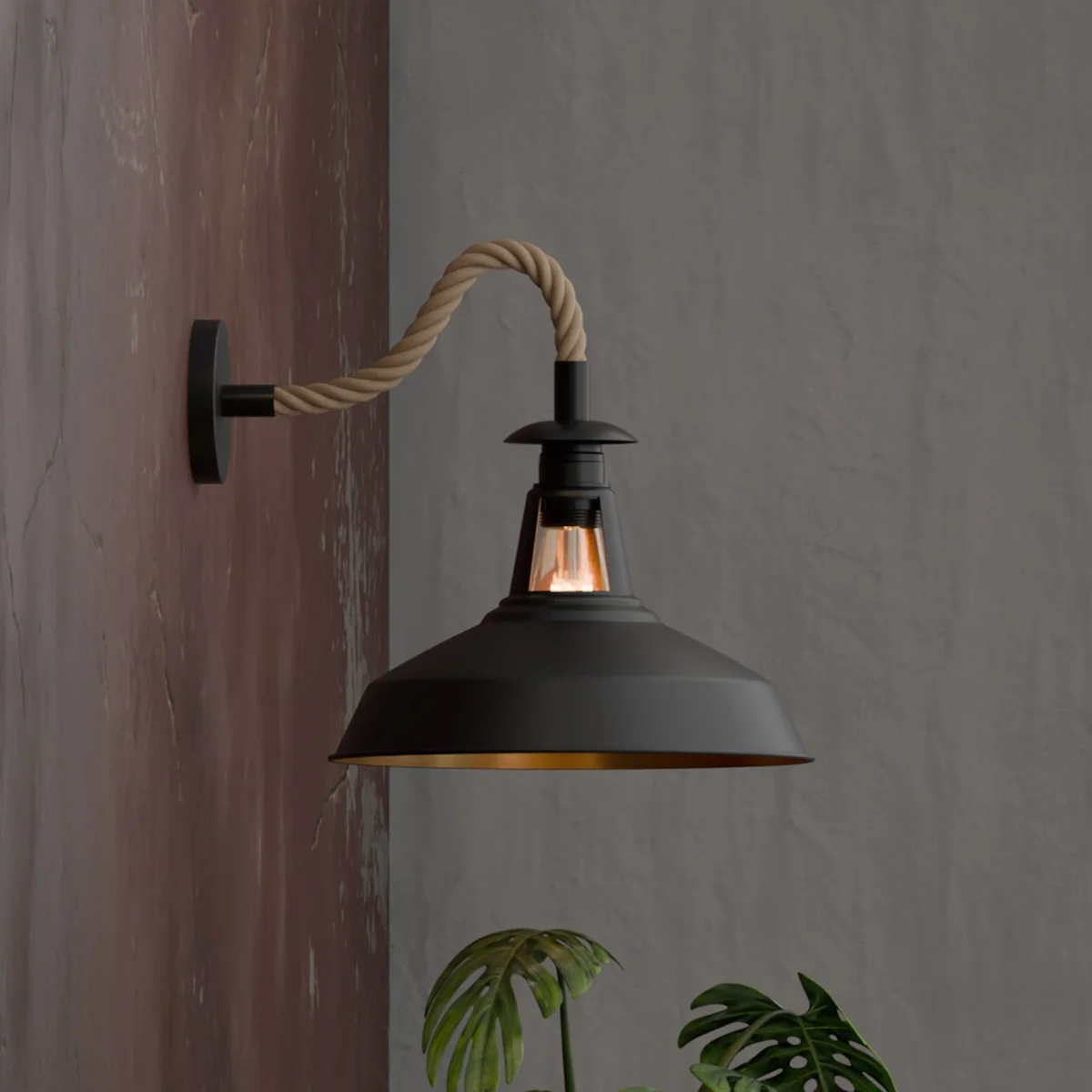 Black vintage wall light with twisted hemp rope cable and slotted metal barn shade, 30cm, E27 socket, rustic style