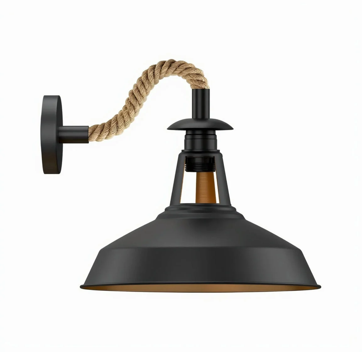 Black industrial hemp rope wall lamp with twisted rope cable and metal slotted shade, vintage style, 30cm wide, E27 socket