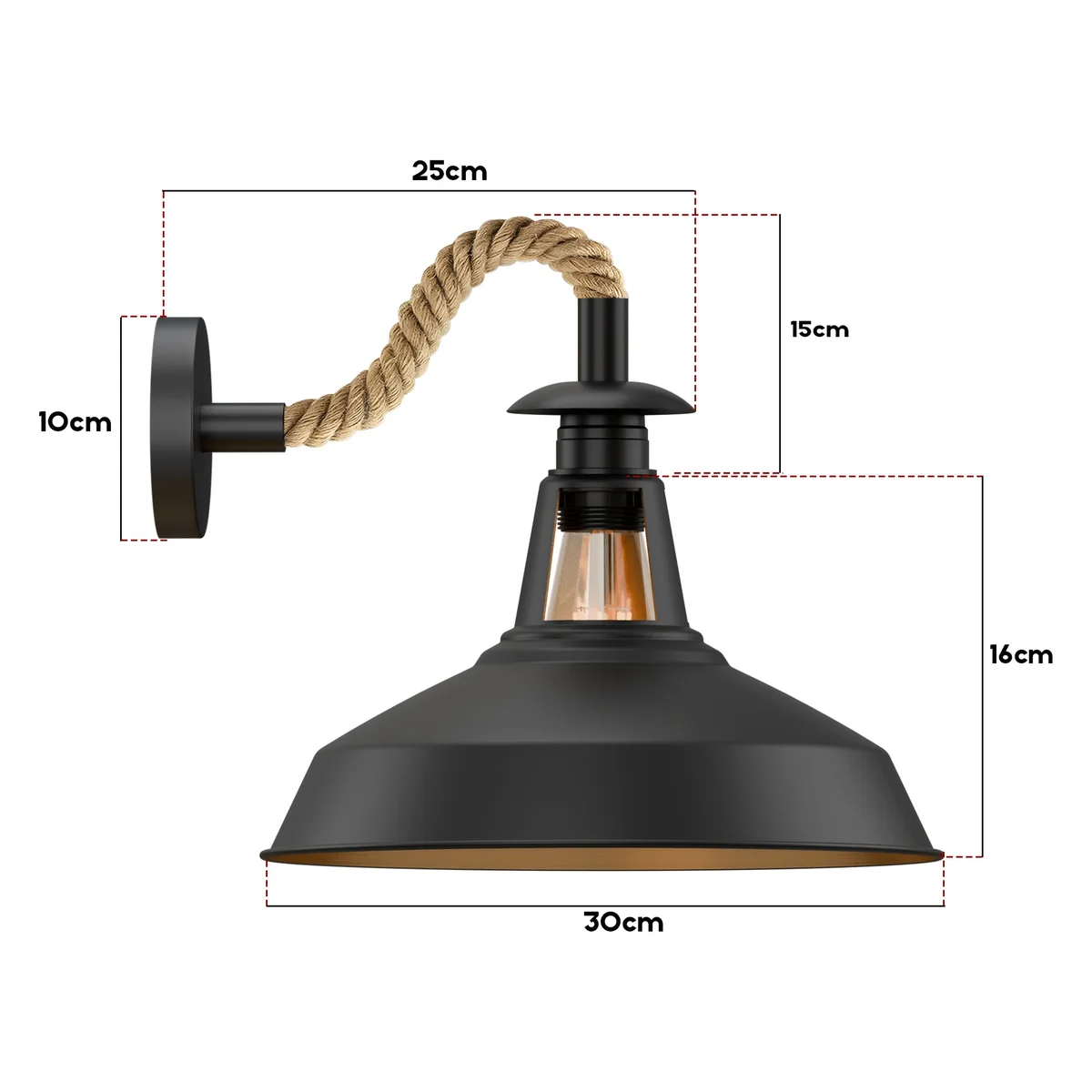 Black industrial rope wall light with barn slotted shade featuring E27 bulb wall light, vintage style, and hemp rope cable