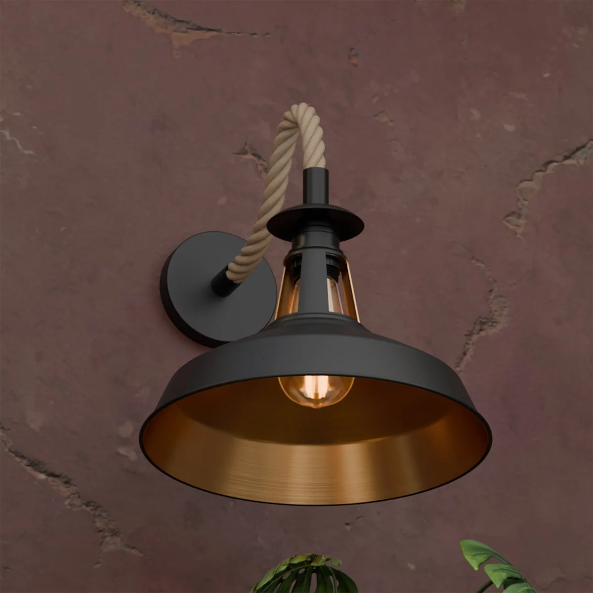 Black industrial dimmable wall light with twisted hemp rope and barn-style slotted metal shade, 30cm size