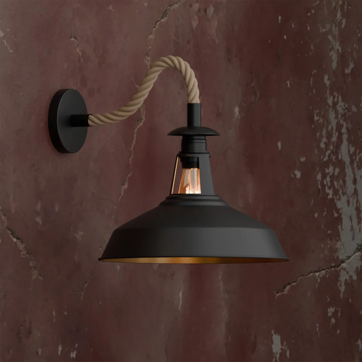 Black vintage industrial rope wall light with barn slotted shade, ideal indoor wall lighting for rustic interiors