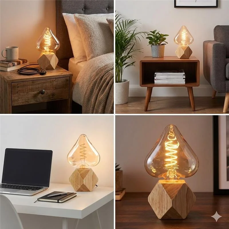 LED table lamp with natural wood base and decorative bulb, ideal for modern and rustic interiors, UK plug included