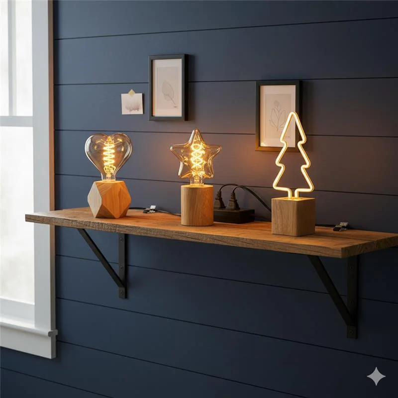 Small wood base lamp with natural finish and decorative bulb emitting warm ambient light on a white background