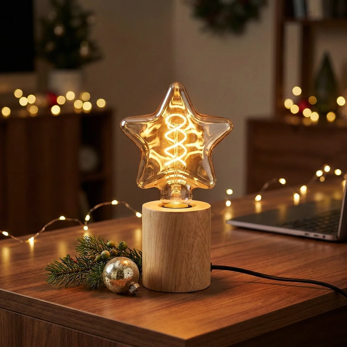 Small LED table lamp with natural wood base and decorative bulb providing warm ambient lighting lamp for cozy spaces