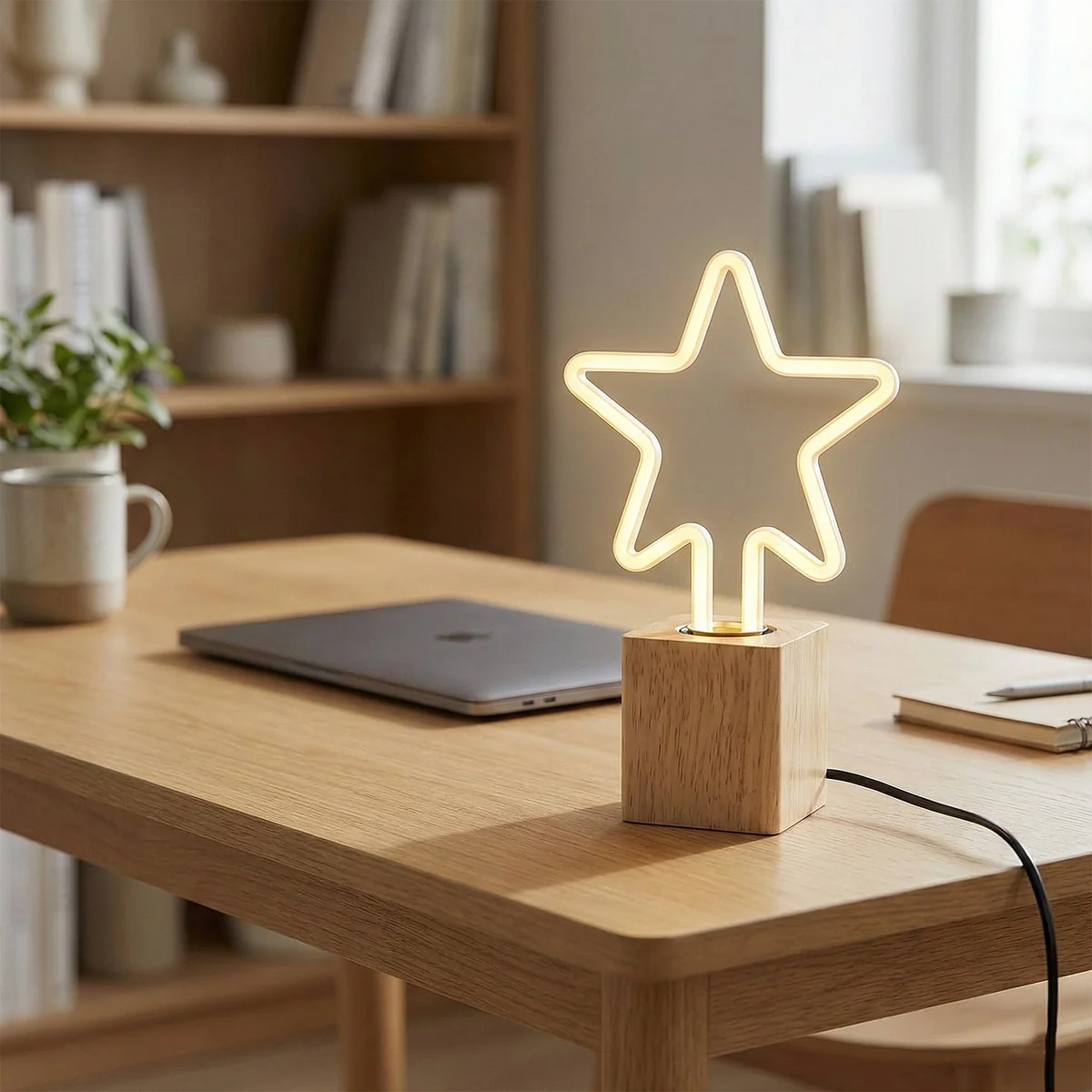 LED table lamp with natural wood base and decorative bulb glowing softly on a bedside table with UK plug and inline switch