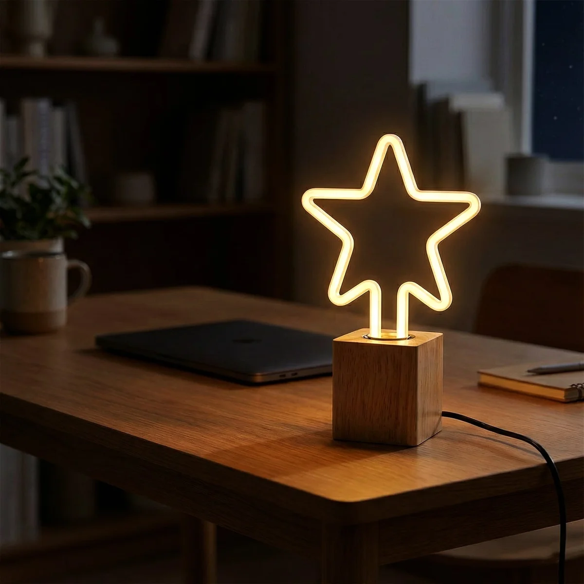 Compact LED table lamp with natural wood base and decorative bulb, ideal for modern and rustic interiors