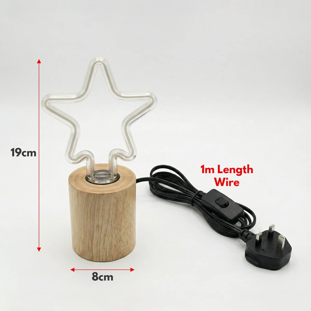 Compact LED table lamp with natural wood base and decorative bulb on a white surface with UK plug and inline switch