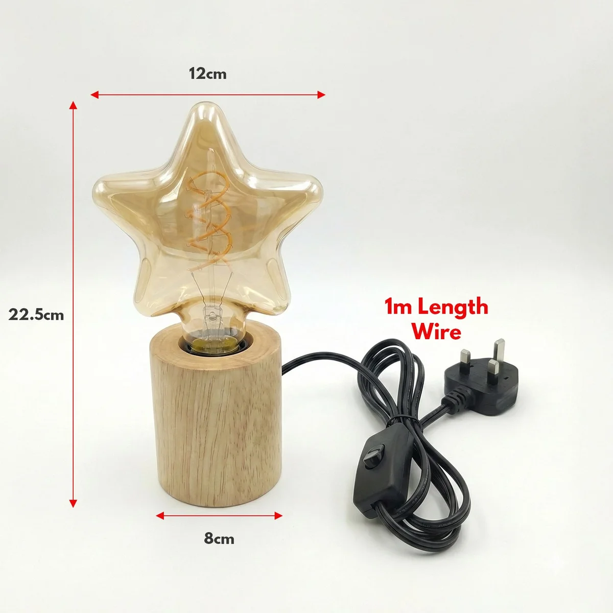 Compact LED table lamp with natural wood base and decorative bulb, ideal for bedside or desk lighting with UK plug and switch