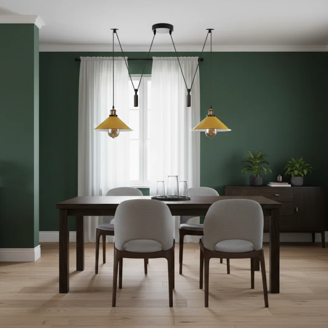 Black 2 light pendant lamp with metal shades and long cables, ideal for ambient lighting in small spaces