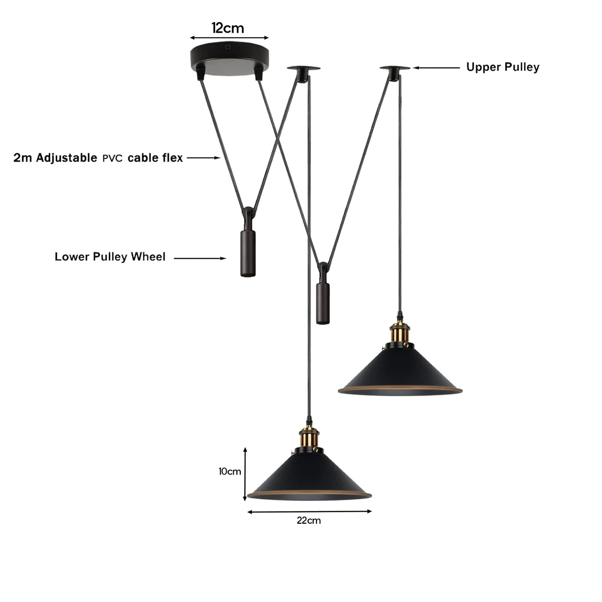 Black metal pendant with two lampshades and long cables, designed for ceiling hanging with pulleys, no bulbs included