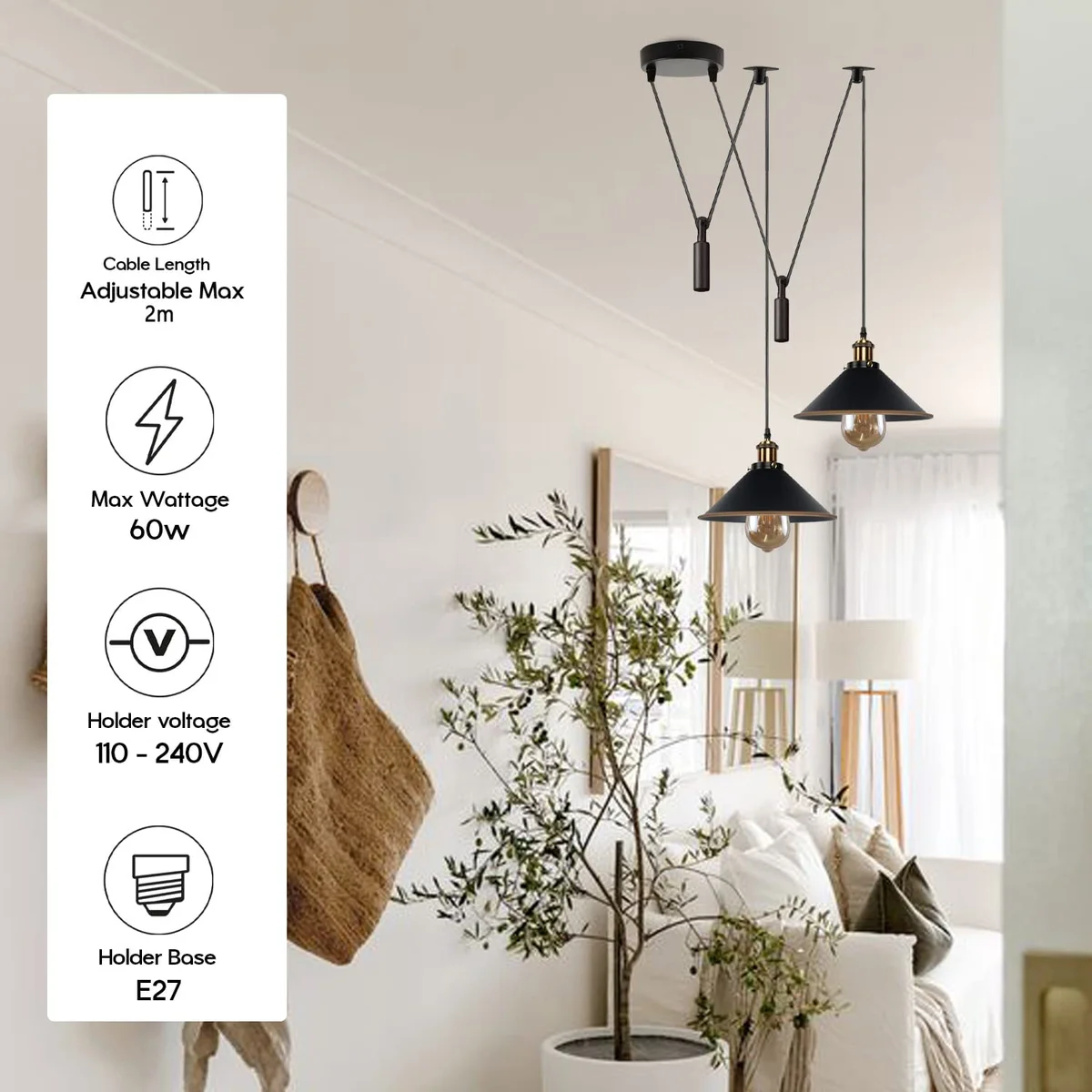 Black 2 light spider pendant with metal E27 ceiling light holders and long hanging cables for indoor use